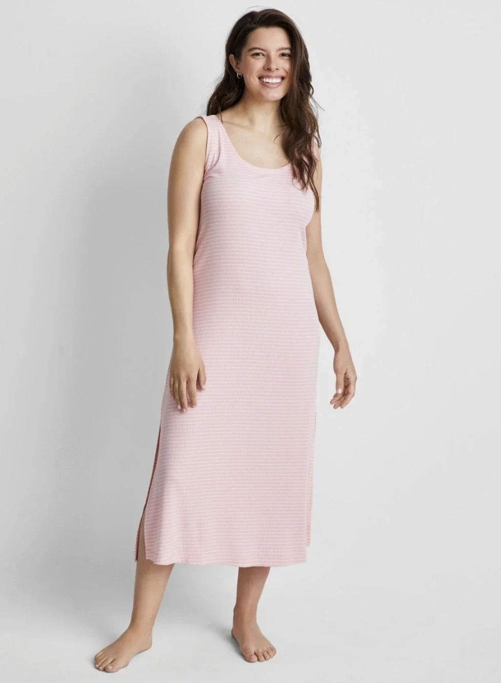State of Day Women Ribbed Tank Nightgown Stripe Satin Pink Size L